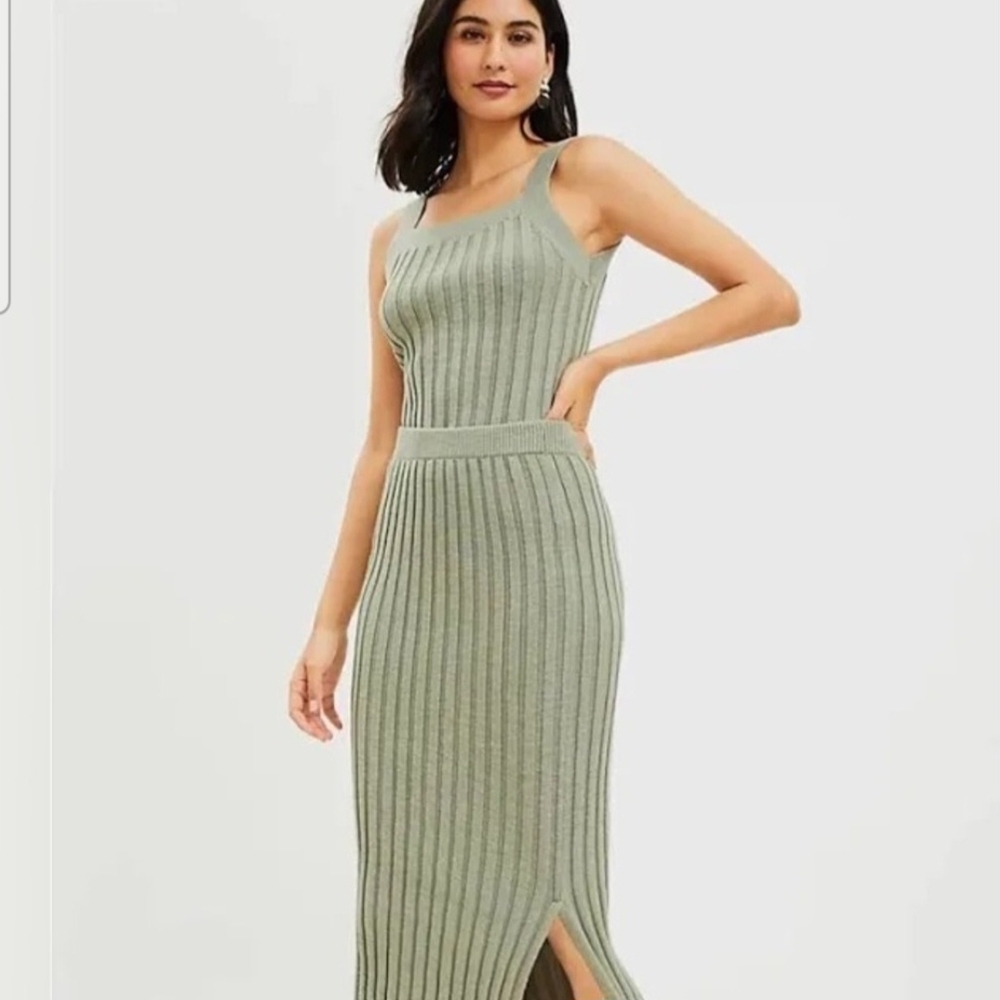 LOFT Sage Green Ribbed Midi Skirt and Top Set